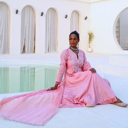 Myaara Soft Pink Embroidered Flared Anarkali with Pant Organza Dupatta (Set of 3)