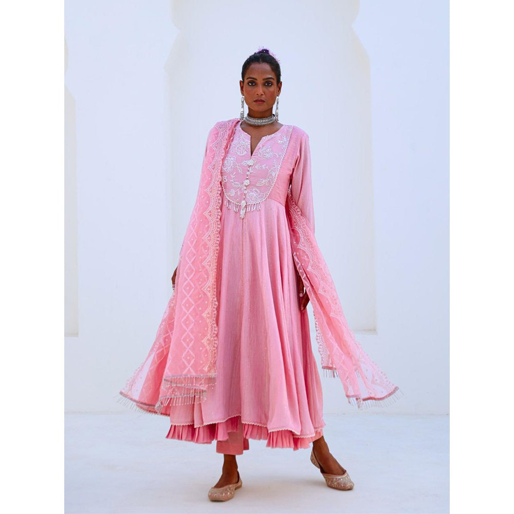 Myaara Soft Pink Embroidered Flared Anarkali with Pant Organza Dupatta (Set of 3)