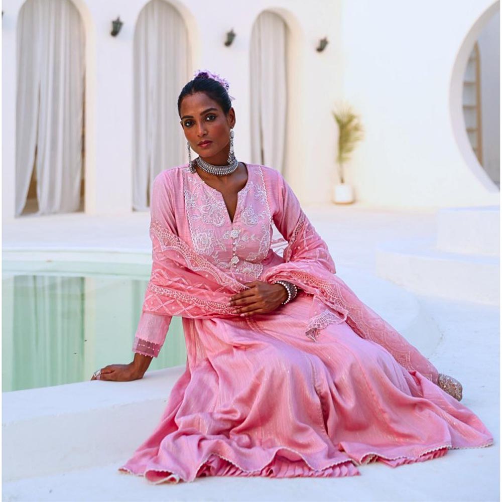 Myaara Soft Pink Embroidered Flared Anarkali with Pant Organza Dupatta (Set of 3)