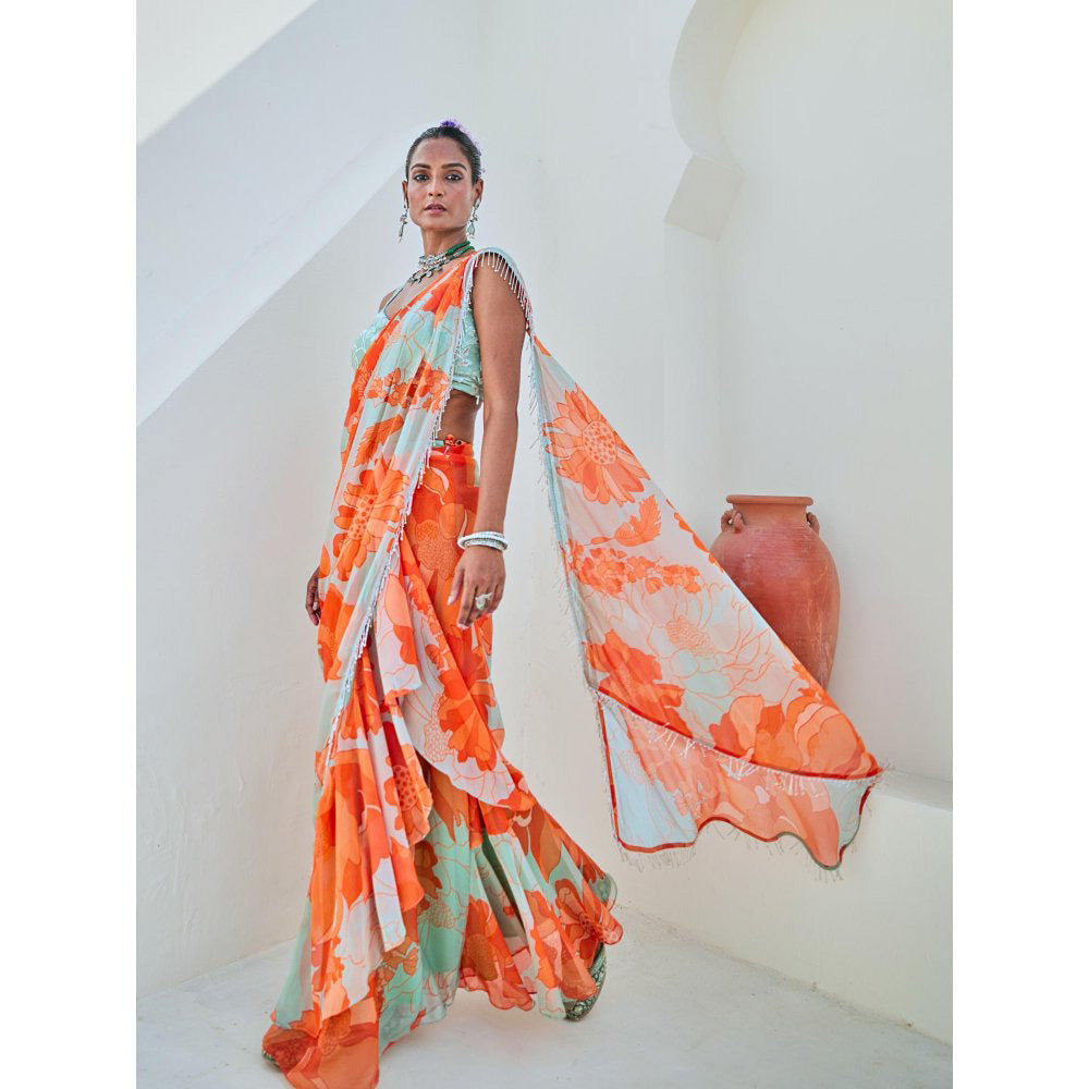 Myaara Mint Green Floral Chiffon Draped Saree With Embellished Blouse (Set of 2)