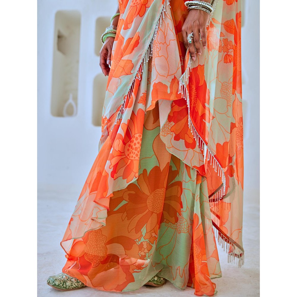 Myaara Mint Green Floral Chiffon Draped Saree With Embellished Blouse (Set of 2)