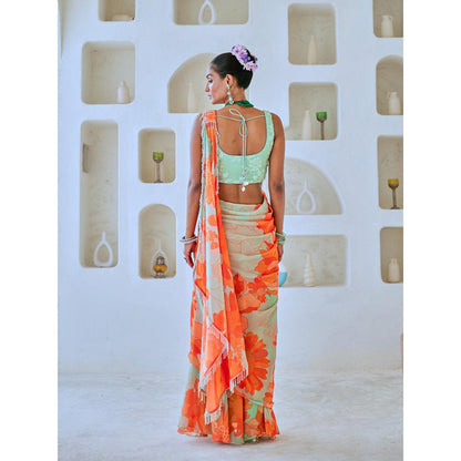 Myaara Mint Green Floral Chiffon Draped Saree With Embellished Blouse (Set of 2)