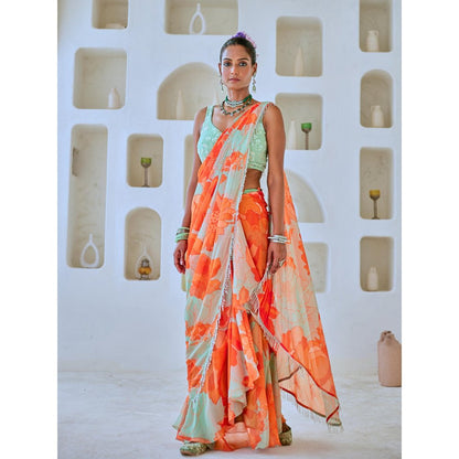 Myaara Mint Green Floral Chiffon Draped Saree With Embellished Blouse (Set of 2)