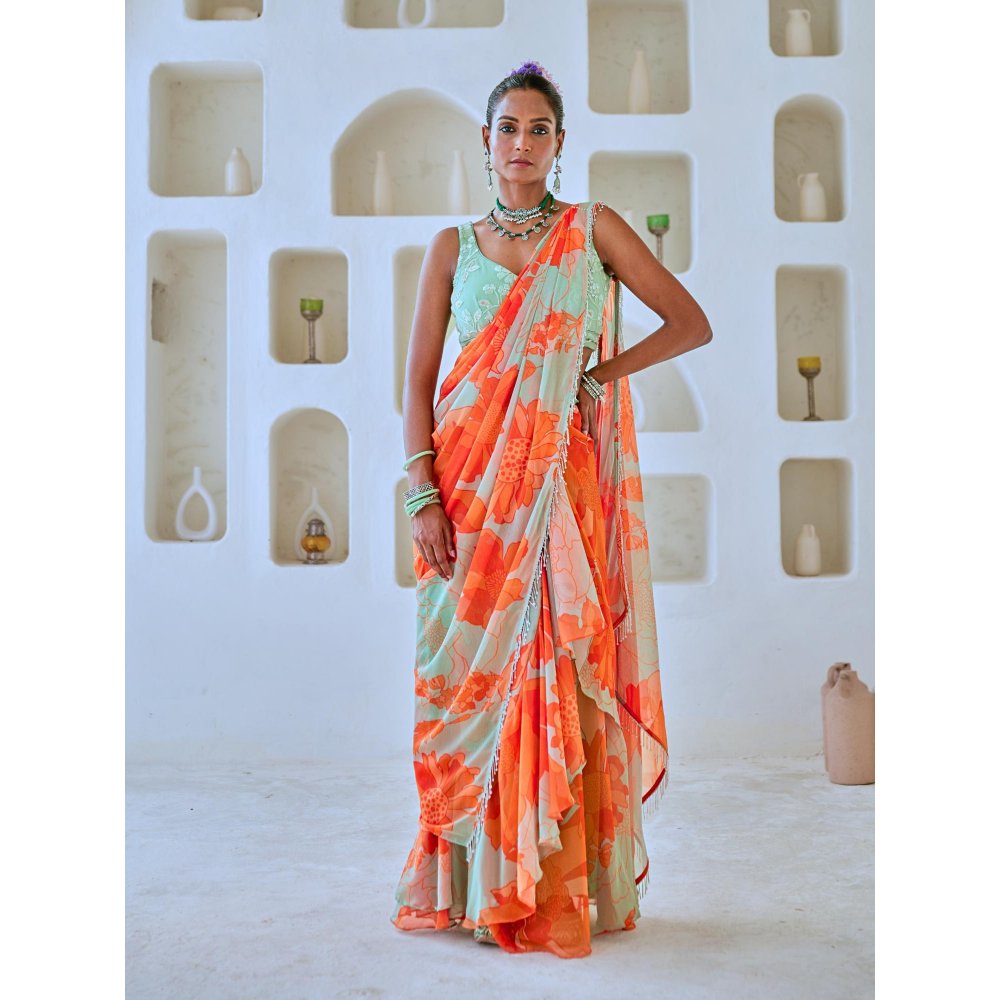 Myaara Mint Green Floral Chiffon Draped Saree With Embellished Blouse (Set of 2)