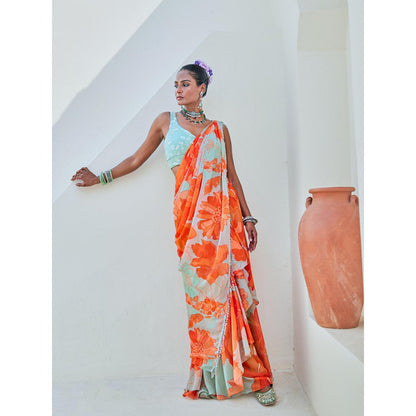 Myaara Mint Green Floral Chiffon Draped Saree With Embellished Blouse (Set of 2)