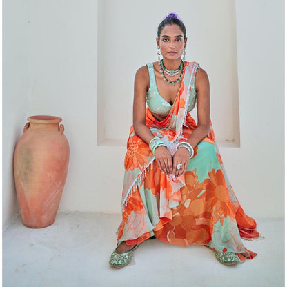 Myaara Mint Green Floral Chiffon Draped Saree With Embellished Blouse (Set of 2)