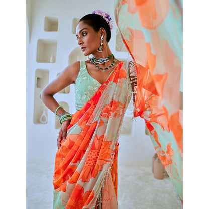 Myaara Mint Green Floral Chiffon Draped Saree With Embellished Blouse (Set of 2)