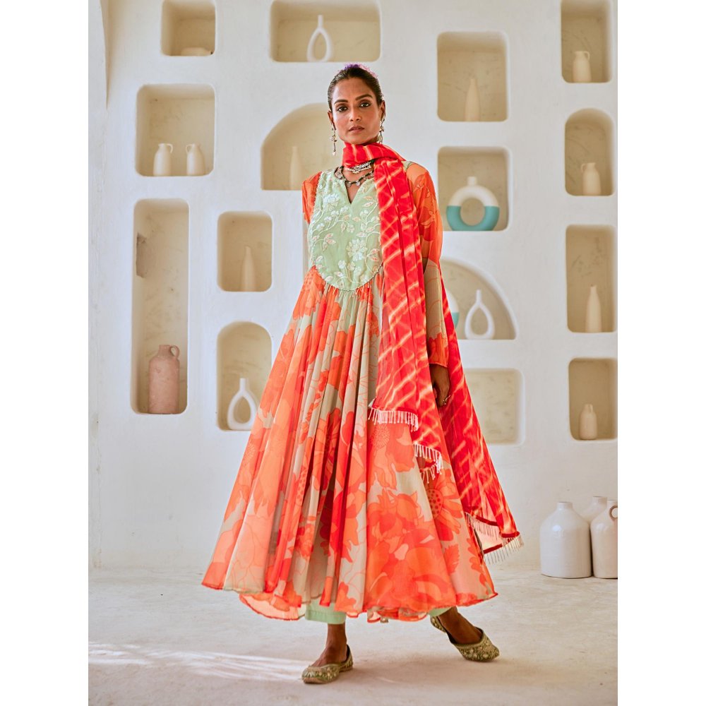 Myaara Mint Green Floral Chiffon Flared Anarkali with Pant Leheriya Dupatta (Set of 3)