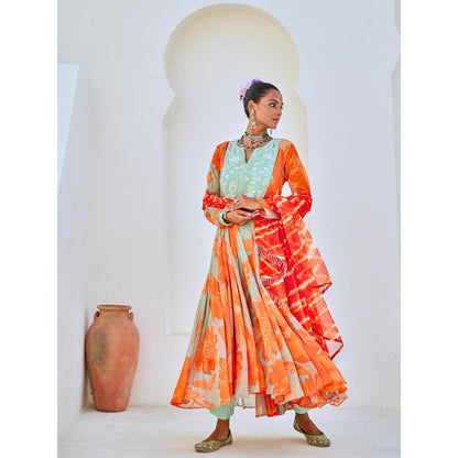 Myaara Mint Green Floral Chiffon Flared Anarkali with Pant Leheriya Dupatta (Set of 3)