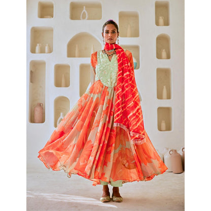 Myaara Mint Green Floral Chiffon Flared Anarkali with Pant Leheriya Dupatta (Set of 3)