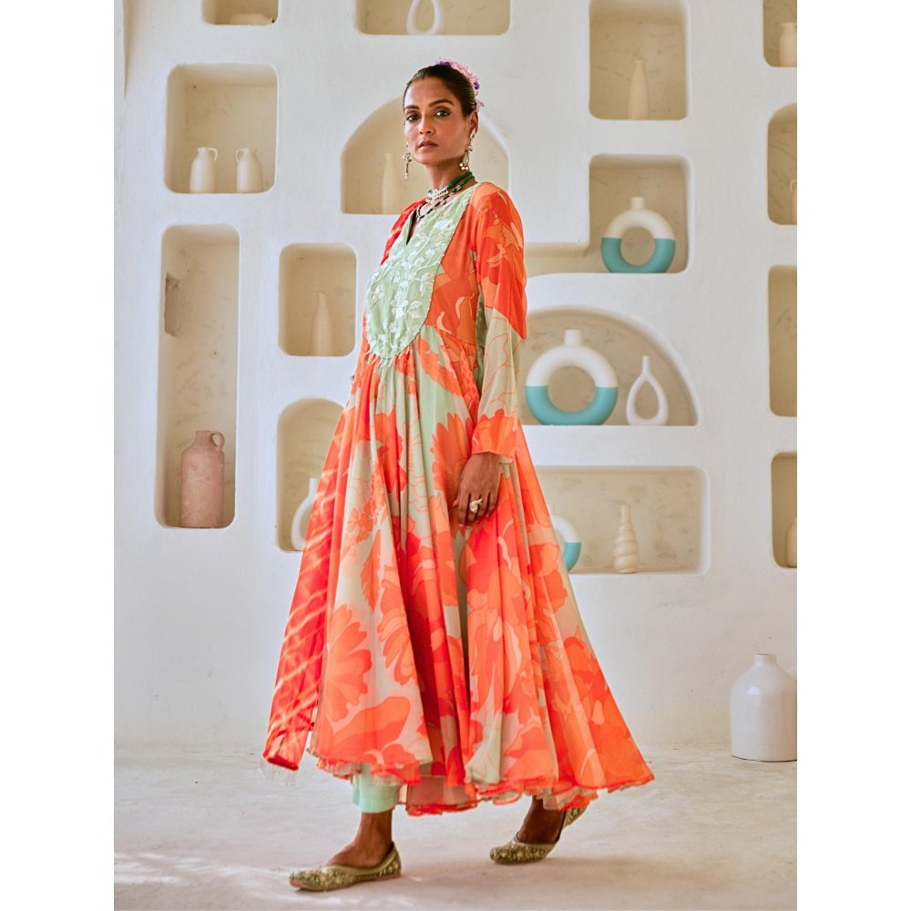 Myaara Mint Green Floral Chiffon Flared Anarkali with Pant Leheriya Dupatta (Set of 3)