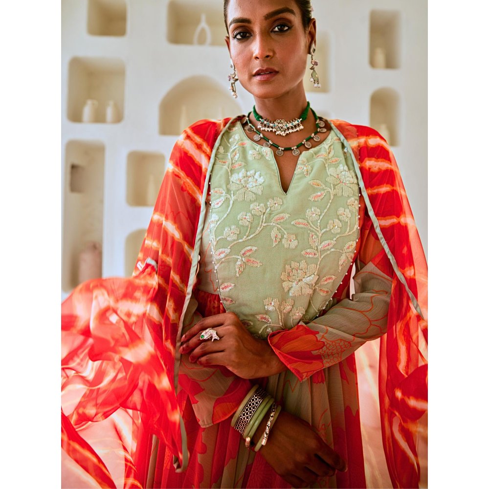 Myaara Mint Green Floral Chiffon Flared Anarkali with Pant Leheriya Dupatta (Set of 3)