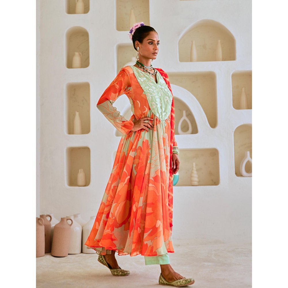 Myaara Mint Green Floral Chiffon Flared Anarkali with Pant Leheriya Dupatta (Set of 3)