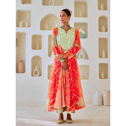 Myaara Mint Green Floral Chiffon Flared Anarkali with Pant Leheriya Dupatta (Set of 3)