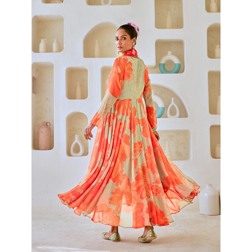 Myaara Mint Green Floral Chiffon Flared Anarkali with Pant Leheriya Dupatta (Set of 3)