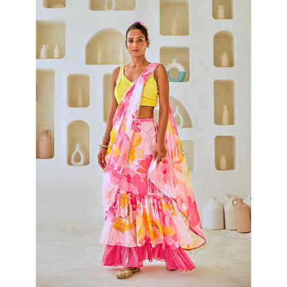 Myaara White & Pink Floral Chiffon Draped Saree With Embellished Blouse (Set of 2)