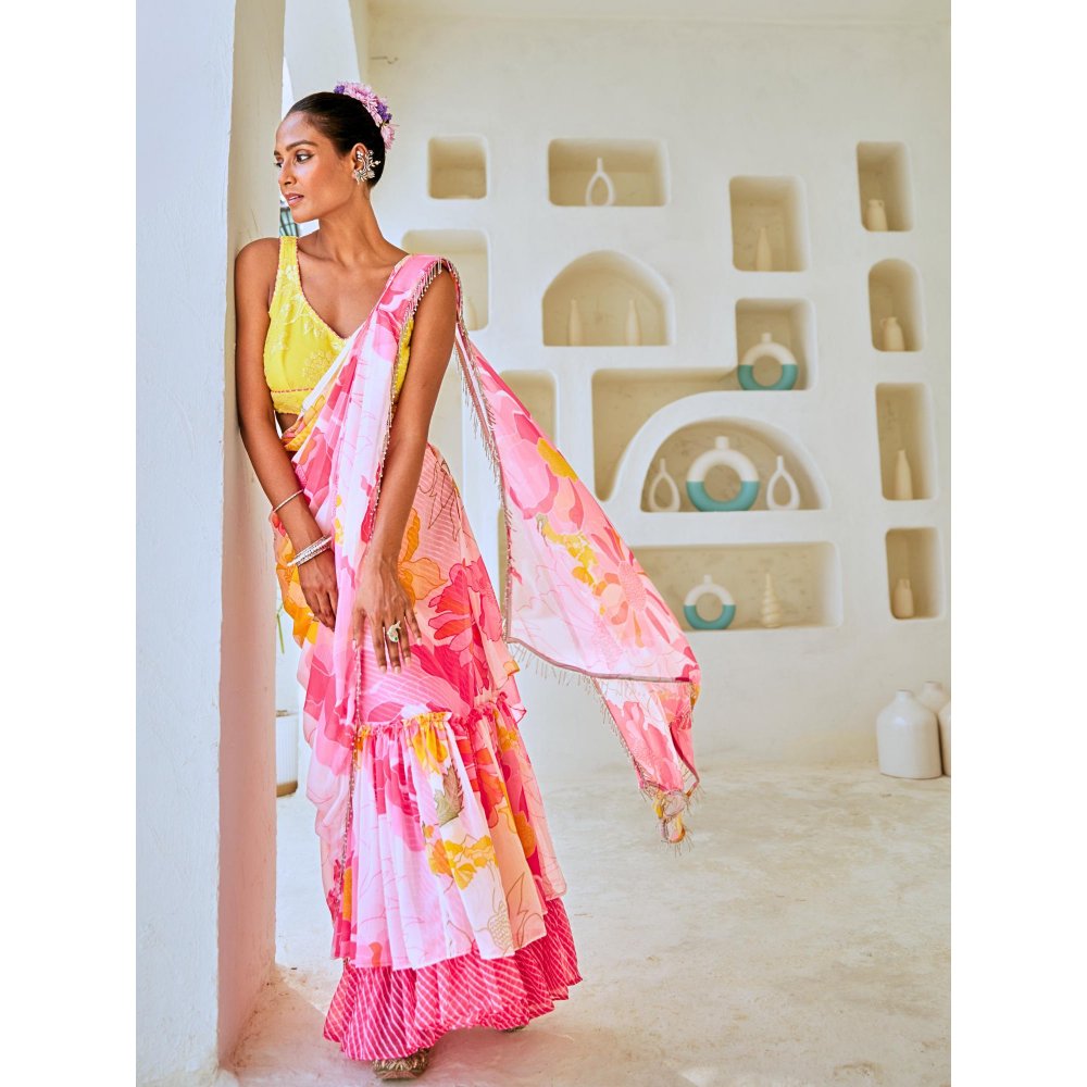 Myaara White & Pink Floral Chiffon Draped Saree With Embellished Blouse (Set of 2)