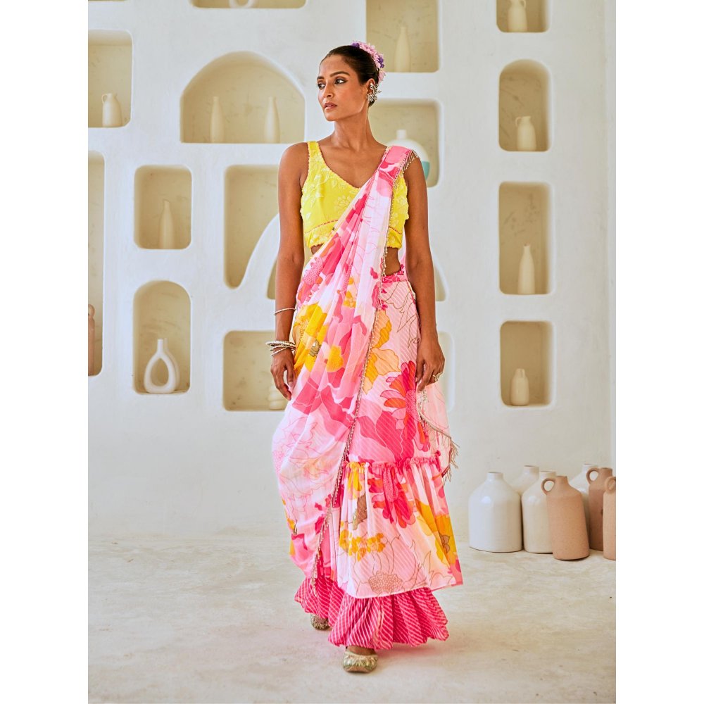 Myaara White & Pink Floral Chiffon Draped Saree With Embellished Blouse (Set of 2)