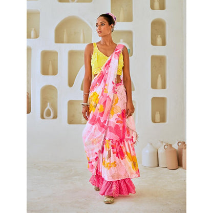 Myaara White & Pink Floral Chiffon Draped Saree With Embellished Blouse (Set of 2)