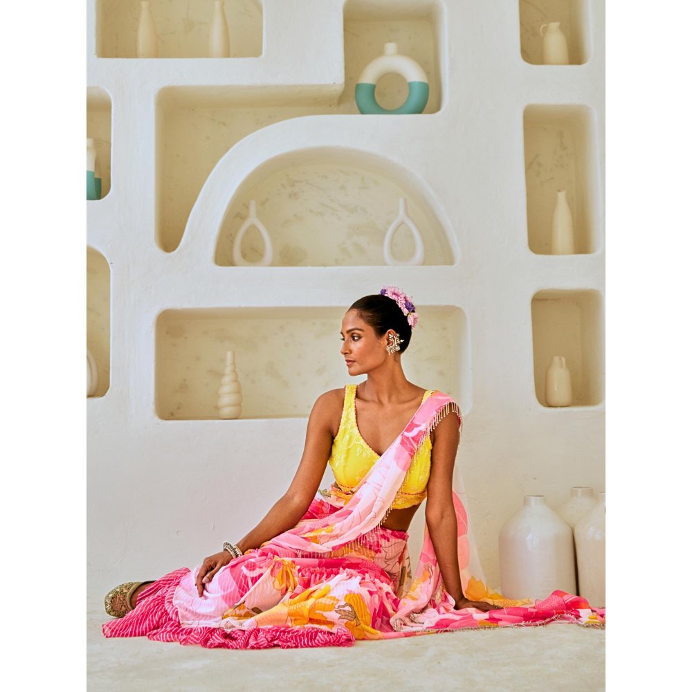 Myaara White & Pink Floral Chiffon Draped Saree With Embellished Blouse (Set of 2)