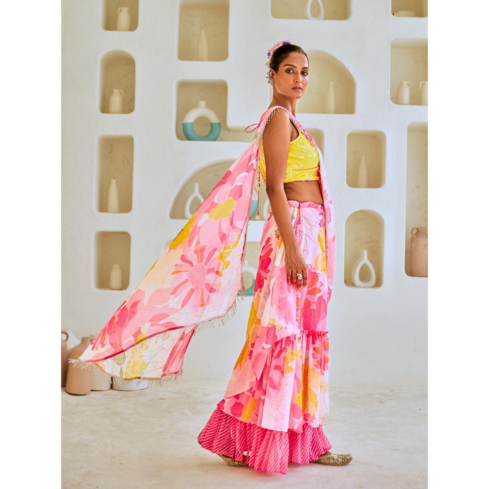 Myaara White & Pink Floral Chiffon Draped Saree With Embellished Blouse (Set of 2)