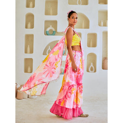 Myaara White & Pink Floral Chiffon Draped Saree With Embellished Blouse (Set of 2)