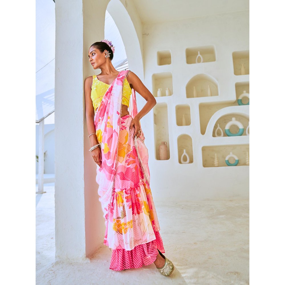 Myaara White & Pink Floral Chiffon Draped Saree With Embellished Blouse (Set of 2)