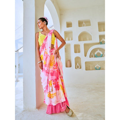 Myaara White & Pink Floral Chiffon Draped Saree With Embellished Blouse (Set of 2)