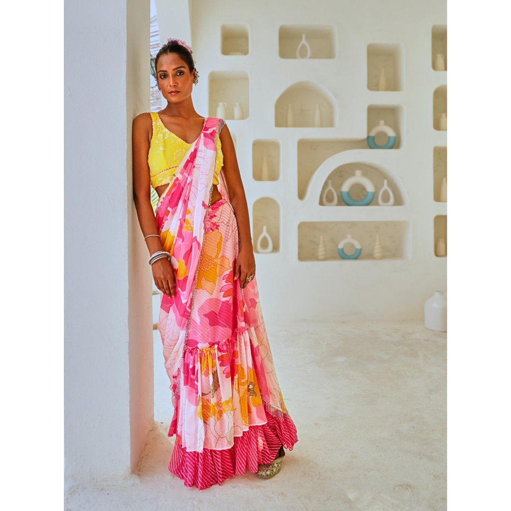 Myaara White & Pink Floral Chiffon Draped Saree With Embellished Blouse (Set of 2)