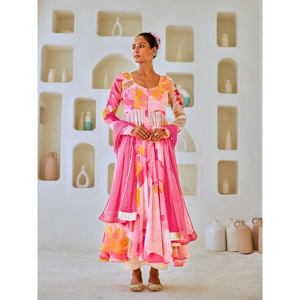 Myaara White & Pink Floral Chiffon Flared Anarkali with Pant Leheriya Dupatta (Set of 3)