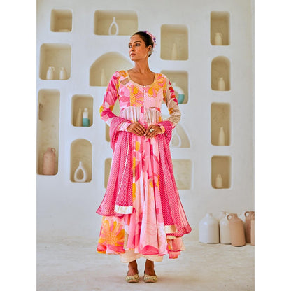 Myaara White & Pink Floral Chiffon Flared Anarkali with Pant Leheriya Dupatta (Set of 3)