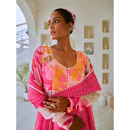 Myaara White & Pink Floral Chiffon Flared Anarkali with Pant Leheriya Dupatta (Set of 3)