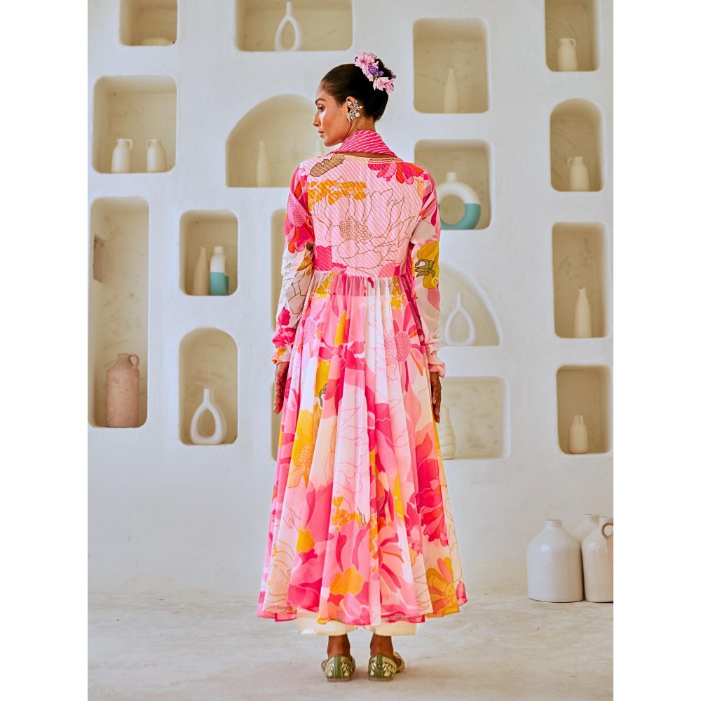 Myaara White & Pink Floral Chiffon Flared Anarkali with Pant Leheriya Dupatta (Set of 3)