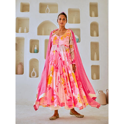 Myaara White & Pink Floral Chiffon Flared Anarkali with Pant Leheriya Dupatta (Set of 3)