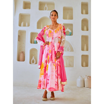 Myaara White & Pink Floral Chiffon Flared Anarkali with Pant Leheriya Dupatta (Set of 3)