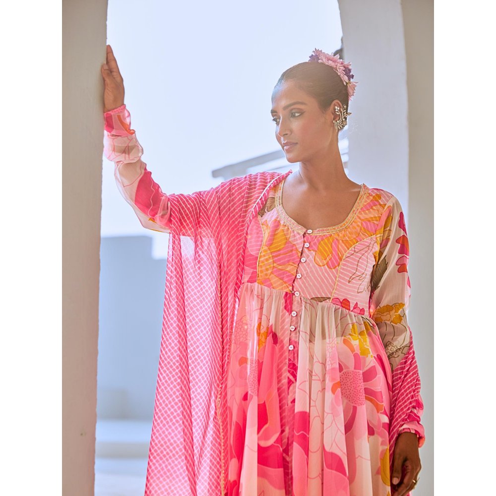 Myaara White & Pink Floral Chiffon Flared Anarkali with Pant Leheriya Dupatta (Set of 3)