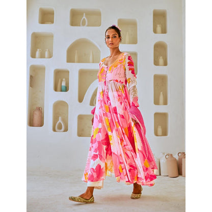 Myaara White & Pink Floral Chiffon Flared Anarkali with Pant Leheriya Dupatta (Set of 3)