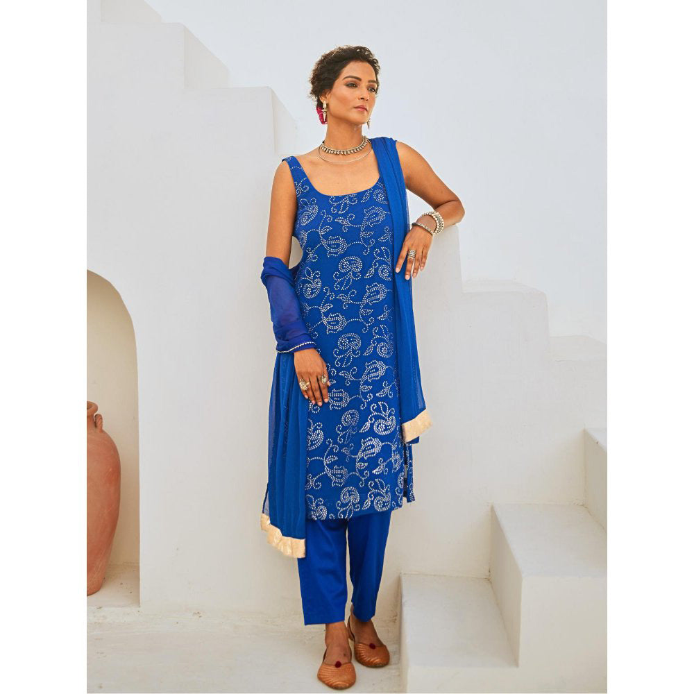 Myaara Royal Blue Mukaish Georgette Kurta with Pant Chiffon Dupatta (Set of 3)