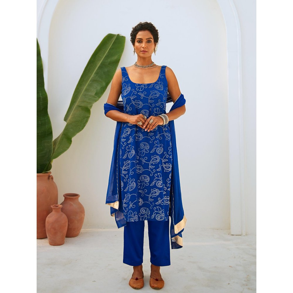 Myaara Royal Blue Mukaish Georgette Kurta with Pant Chiffon Dupatta (Set of 3)