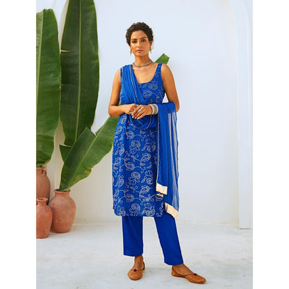 Myaara Royal Blue Mukaish Georgette Kurta with Pant Chiffon Dupatta (Set of 3)