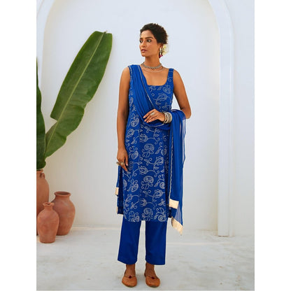 Myaara Royal Blue Mukaish Georgette Kurta with Pant Chiffon Dupatta (Set of 3)
