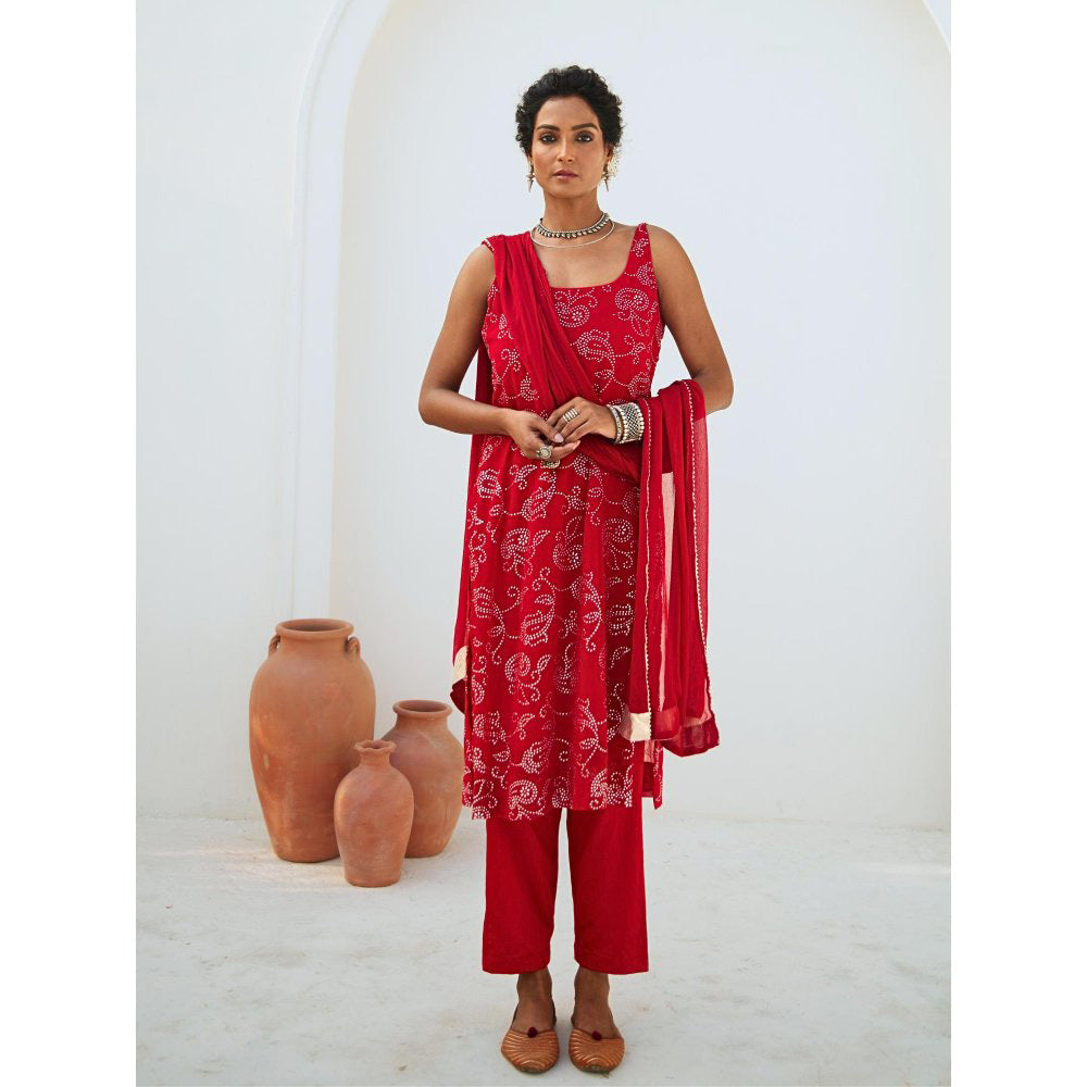 Myaara Scarlet Red Mukaish Georgette Kurta with Pant Chiffon Dupatta (Set of 3)