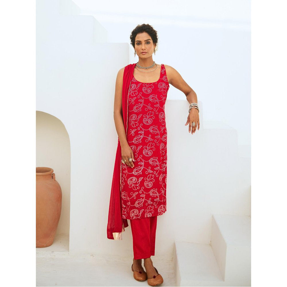 Myaara Scarlet Red Mukaish Georgette Kurta with Pant Chiffon Dupatta (Set of 3)