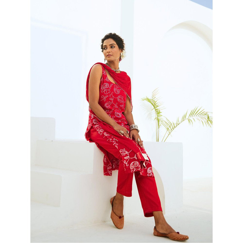 Myaara Scarlet Red Mukaish Georgette Kurta with Pant Chiffon Dupatta (Set of 3)