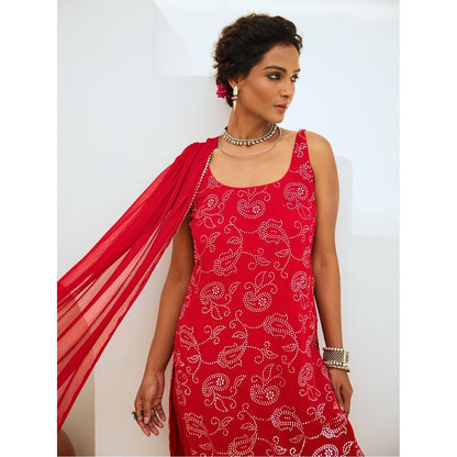 Myaara Scarlet Red Mukaish Georgette Kurta with Pant Chiffon Dupatta (Set of 3)