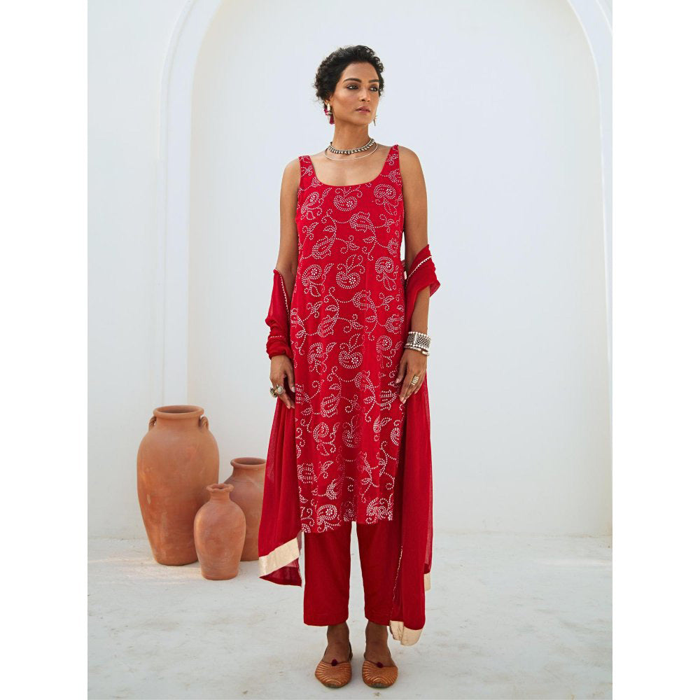 Myaara Scarlet Red Mukaish Georgette Kurta with Pant Chiffon Dupatta (Set of 3)