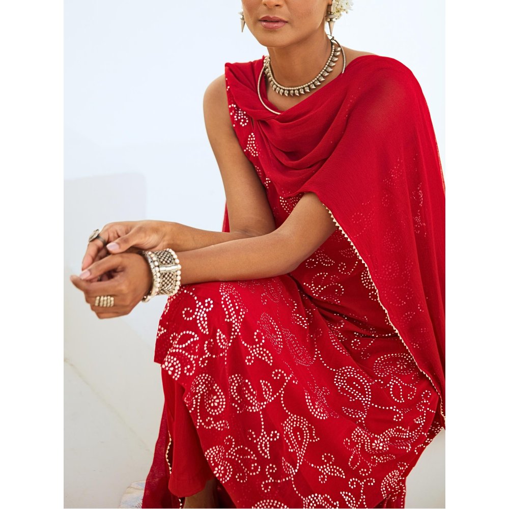 Myaara Scarlet Red Mukaish Georgette Kurta with Pant Chiffon Dupatta (Set of 3)