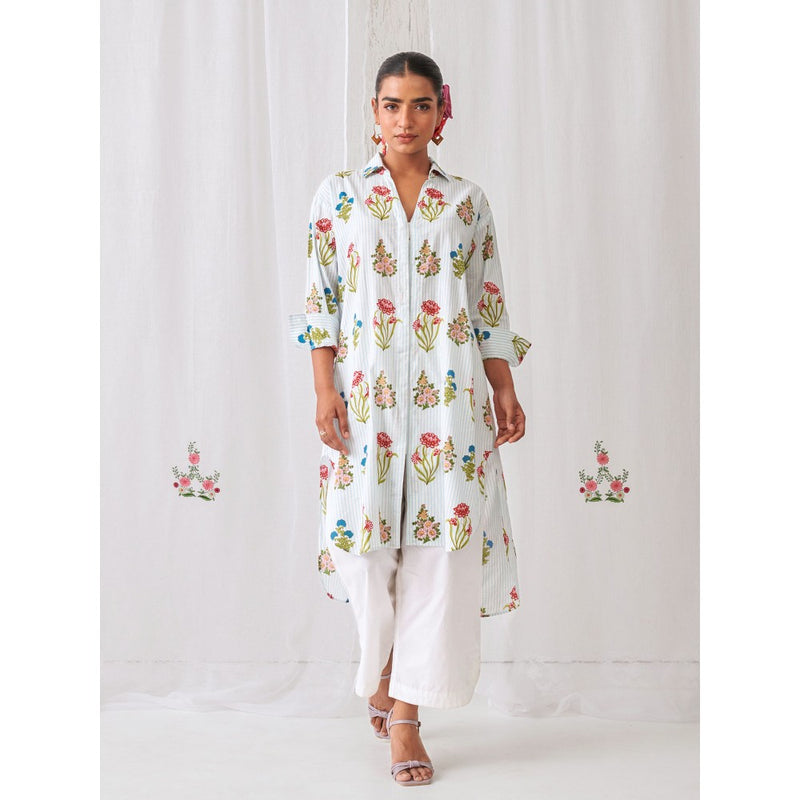 Myaara Blue Floral Shirt Style Kurta Paired with Curved Hem White Palazzo (Set of 2)
