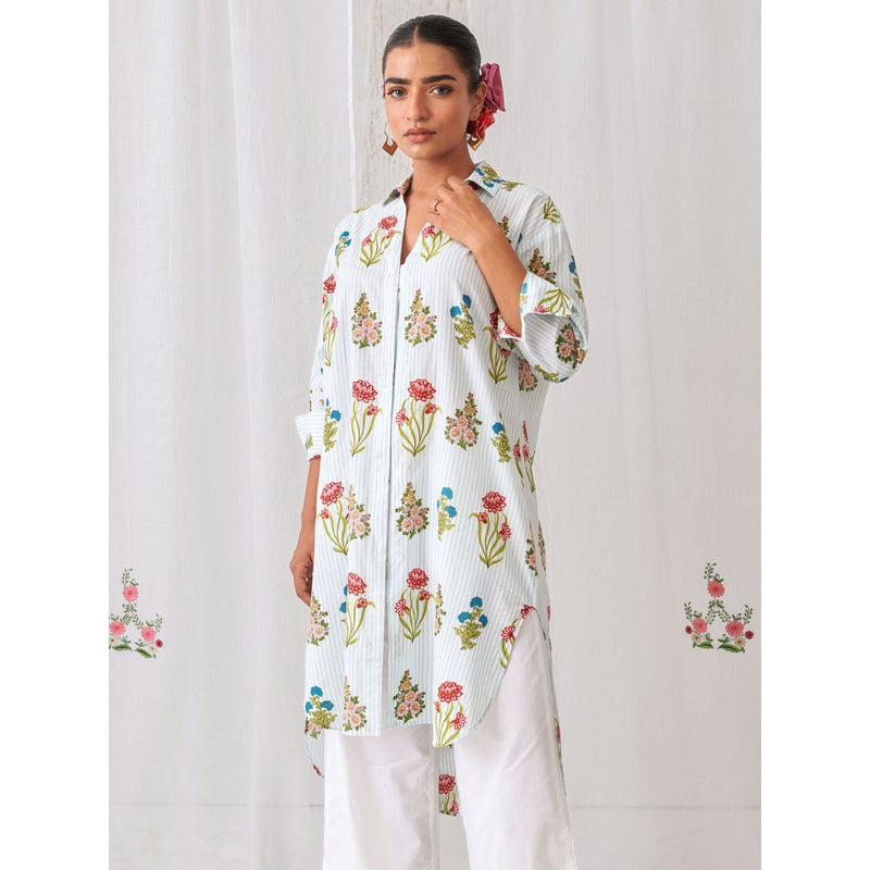 Myaara Blue Floral Shirt Style Kurta Paired with Curved Hem White Palazzo (Set of 2)