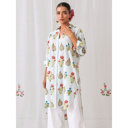 Myaara Blue Floral Shirt Style Kurta Paired with Curved Hem White Palazzo (Set of 2)
